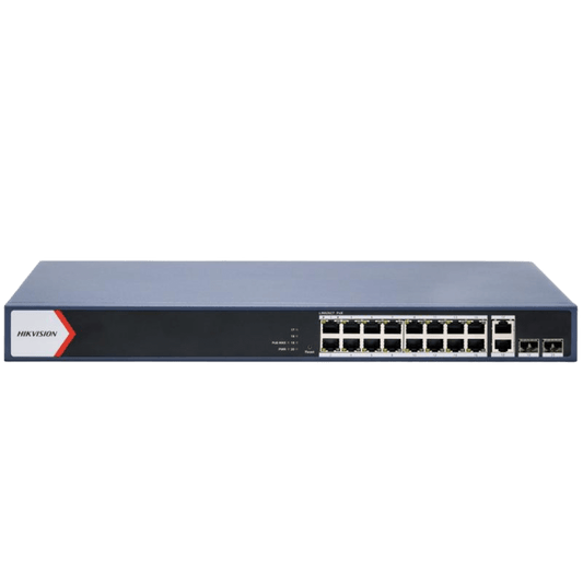 Switch PoE+ / Administrable / 16 puertos 1000 Mbps PoE+ / 2 Puertos 1000 Mbps Uplink / 2 Puertos SFP de Uplink /  Configuración Nube Hik-Partner Pro / Modo Extendido hasta 300 metros / 230 W