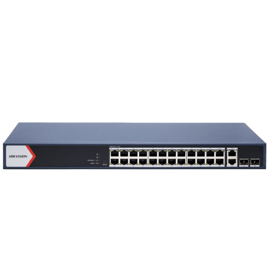 Switch Gigabit PoE+ / Administrable / 24 Puertos 1000 Mbps PoE+ / 2 Puertos 1000 Mbps Uplink  / 2 Puertos SFP Uplink / Configuración Nube Hik-Partner Pro / Modo Extendido hasta 300 Metros / 230 W