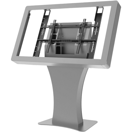 Kiosko Landscape Indoor / Soporte para Pantallas Digitales 55" / Diseño Hourglass Moderno / Base Plana Rectangular / Tray Interno para Componentes / Protección contra Robos / Acabado Powder Coat Premium