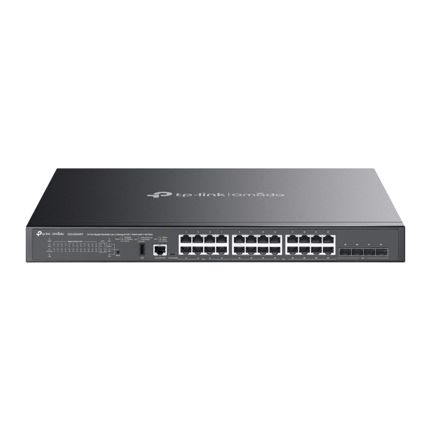Switch Omada L3 SDN Administrable / 24 puertos PoE af/at Gigabit y 4 puertos SFP+ / Presupuesto PoE 720W / Funciones RIP, VRRP, Servidor DHCP / Administración centralizada OMADA / Fuente Redundante