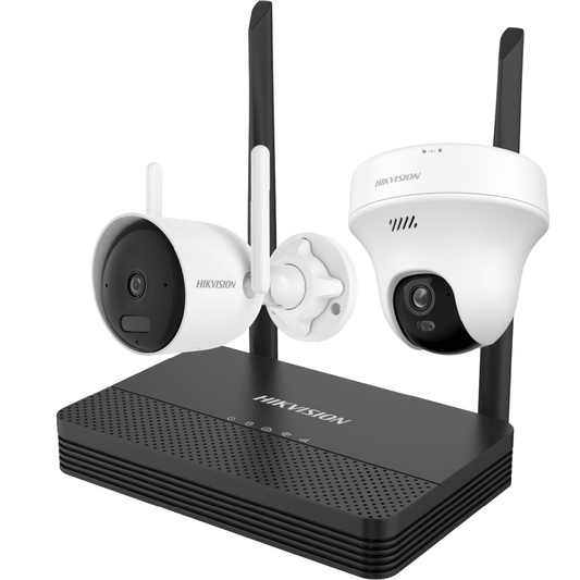 Kit IP Inalámbrico 2 Megapíxel / NVS 4 Canales / 1 Cámara Bala Exterior + 1 Cámara Turret Interior con Lente 2.8 mm y Dual Light / Audio Bidireccional (Micrófono y Bocina) / Soporta Micro SD de 512 GB