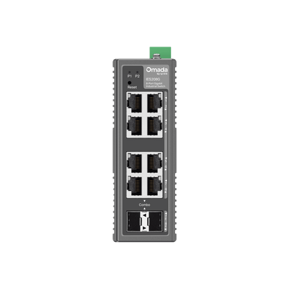 Switch Industrial Omada Easy Managed / 8 Puertos Gigabit (6× RJ45 + 2× RJ45/SFP Combo) / 16 Gbps Switching / -40°C a 75°C / Protección Rayos 6kV / Gestión Cloud / Montaje DIN Rail o Pared / IP40