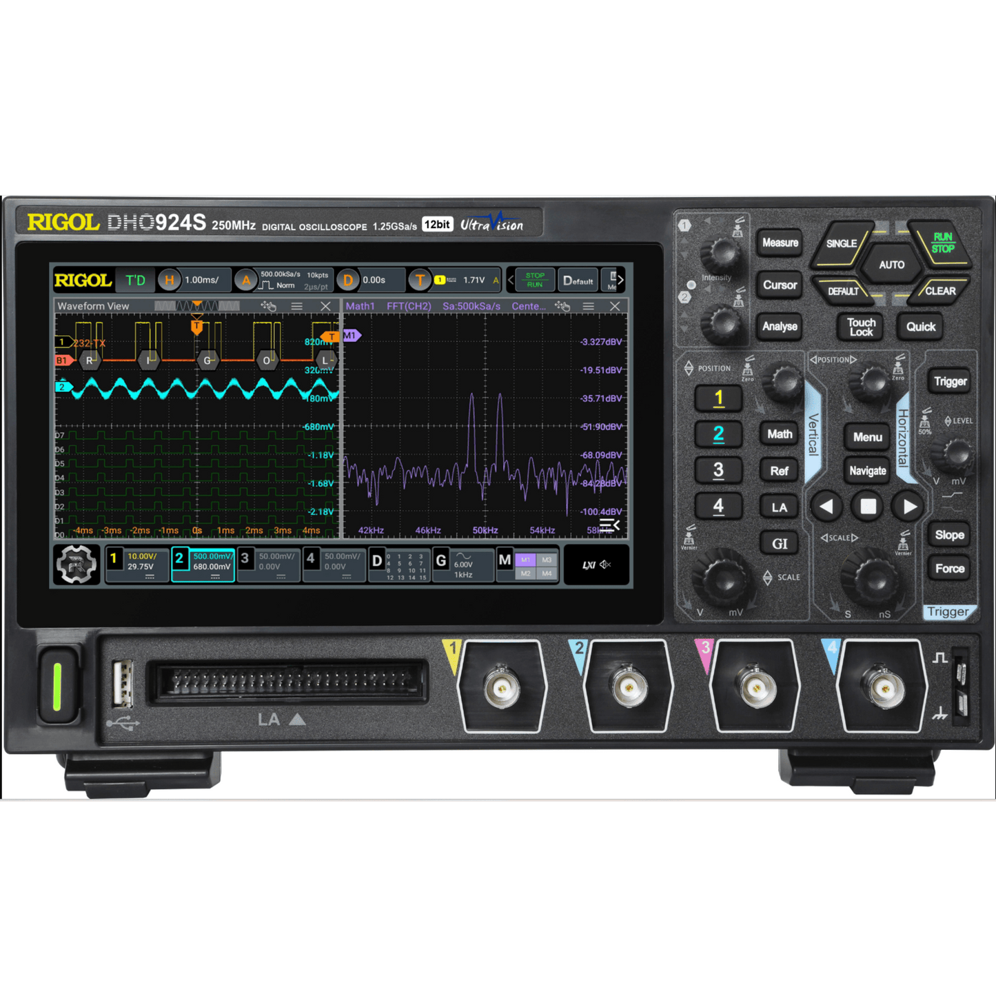 Osciloscopio Digital Rigol de 4 Canales Análogos, 250 MHz de Ancho de Banda Análoga, Vel. de Muestreo-Tiempo Real de 1.25 GS/s. con Generador de Audio (AFG)
