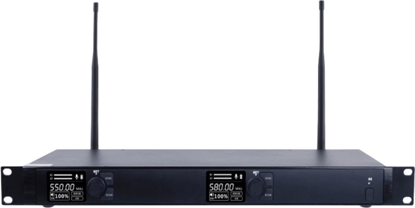 Receptor Inalámbrico Dual Canal Digital U-Band | 4 Bandas de Frecuencia (470-830 MHz) | Transmisión Digital pi/4-DQPSK | Pantalla TFT-LCD 2.2" | Anti-Interferencia con ID Code Pilot | Salidas Balanceadas y Desbalanceadas | Ecualizacion