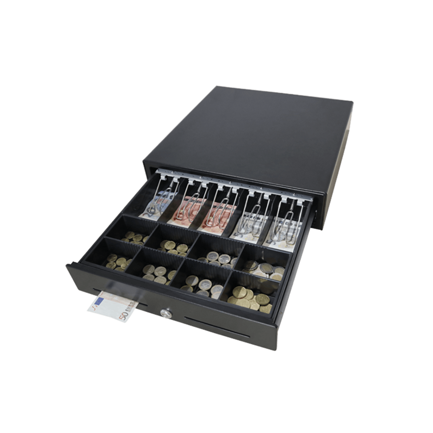 Cajón para Efectivo / Serie MK / Push Open / Insertos Ajustables Billetes y Monedas / Cubierta de Acero / Operación Manual