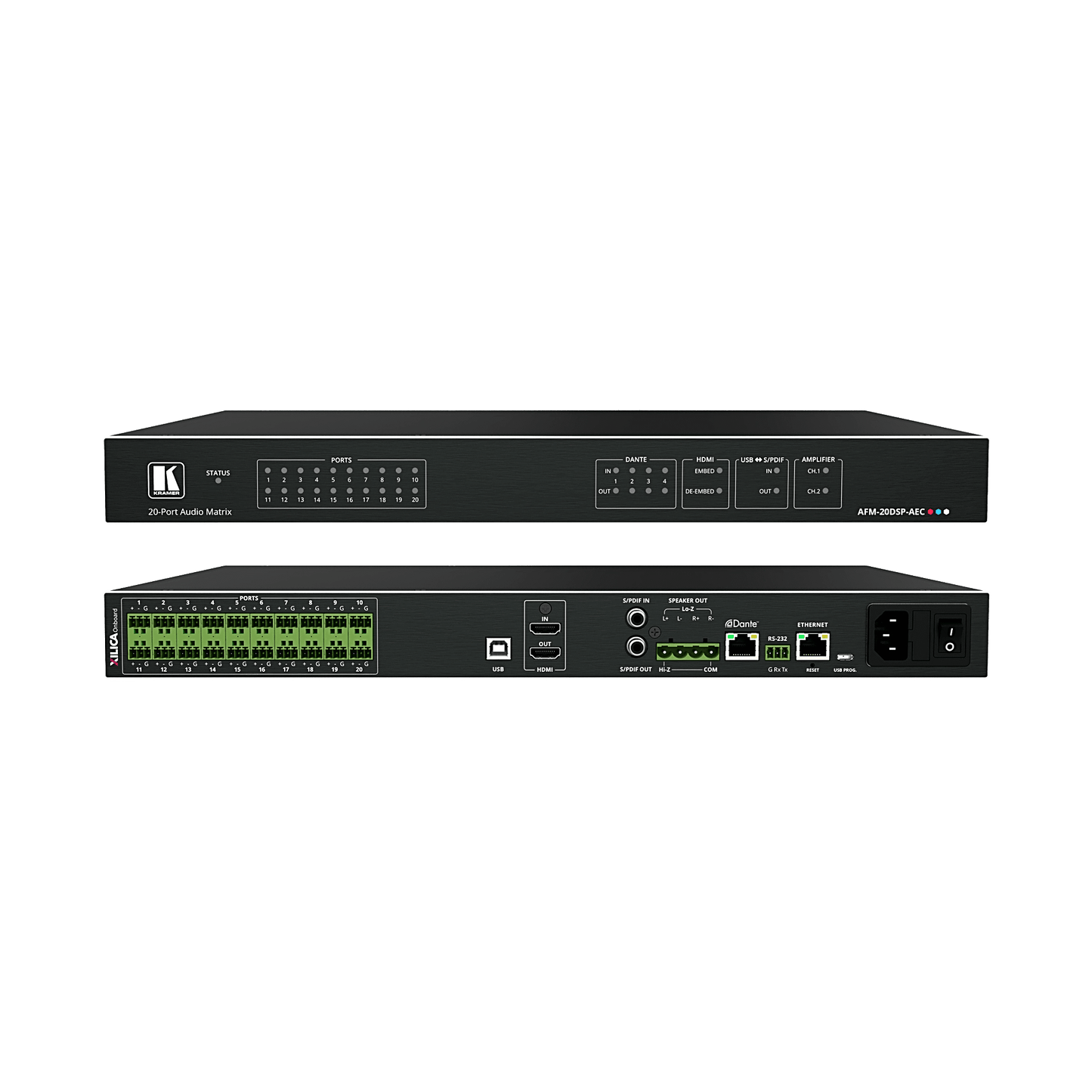 Matriz de Audio Digital | 20 Puertos Analógicos Configurables | DSP Multicanal | AEC | Amplificador 2x60W + 1x120W | Dante 4x4 | HDMI 4K60 | USB Plug & Play | Montaje Rack 1U