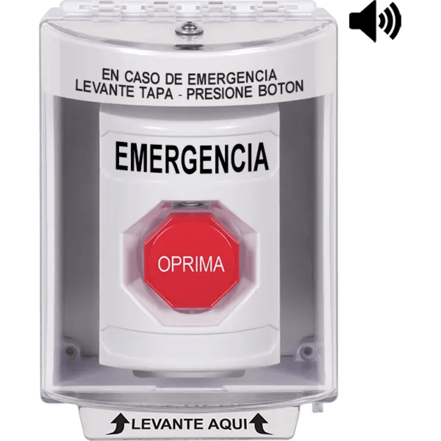 Botón Multipropósito, Color Blanco, De Superficie con Espaciador, C/Tapa De Policarbonato, C/Bocina Pre Alarma, Interior/Exterior, Llave Para Restablecer, Texto De Emergencia, Español