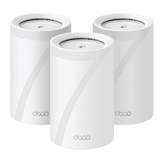 KIT 3 Routers Inalámbrico MESH Interior para Hogar / Triple Banda Wi-Fi 7 BE9300 Mbps / 2 Puerto 2.5 Gigabit WAN/LAN / 4 Antenas Internas / Operación Multi-Link MLO / Administración Mediante la App Deco (iOS, Android) / HomeShield