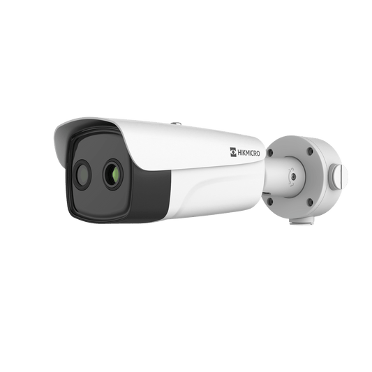 (HIKMICRO) Bala IP Bi-Espectral / Térmica (388 X 288 / 35 mm) + Óptica (4 MP / 12.4 mm) / IA GUANLAN / Rango: -20°C a 150°C / 8°C Tolerancia / Detección de Fuego y Humo / Alarma Visual y Audible / Dual Light / PoE / Antico