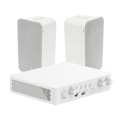 Kit de amplificador con bluetooth | 2 altavoces para pared | Sistema 100V |  2 Canales con Control de volumen Independiente |  Música Ambiental