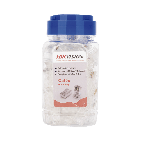 Bote con 100 Piezas de Plug Modular RJ45 / Cat 5e / Chapado en Oro a 15 Micras / Sin Blindaje / Facil Instalación / Uso Interior / Soporta Norma TIA-568B / Cumple con RoHS 2.0
