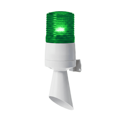 Luz LED con patrones de destello fijo y destellante con buzzer incorporado de alto volumen Máx. 95 dB color Verde 24 VCD