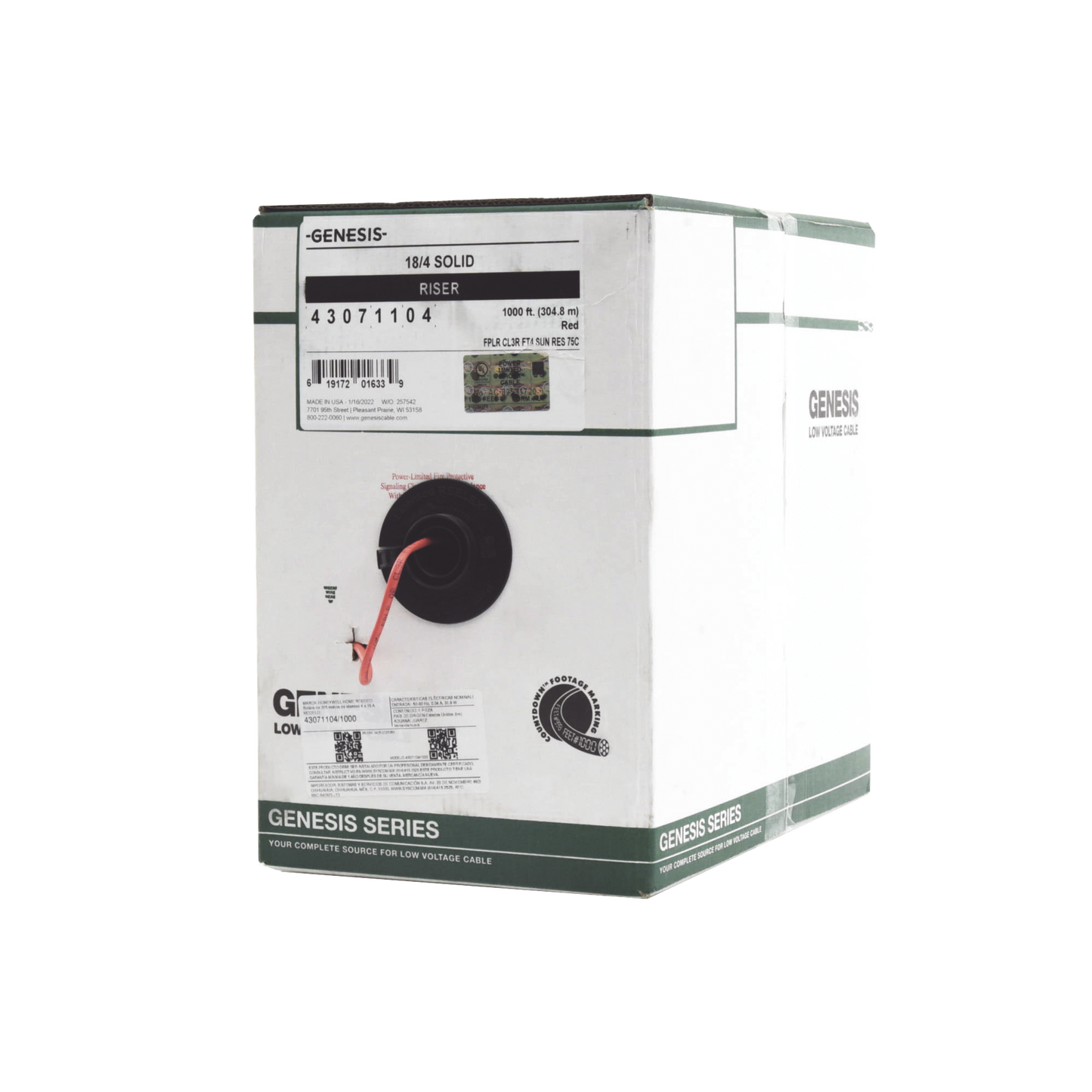 Bobina de 305 Metros de Alambre / 4x18 AWG / Tipo FPLR-CL2R / Resistente al Fuego / Color Rojo / Para Sistemas Contra Incendio o Sistemas de Evacuación