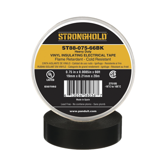 Cinta Eléctrica STRONGHOLD para Aislar, de PVC, Trabajo Pesado, Grosor de 0.21 mm (8.5 mil), Ancho de 19 mm, y 20 m de Largo, Uso Interior/Exterior, Color Negro