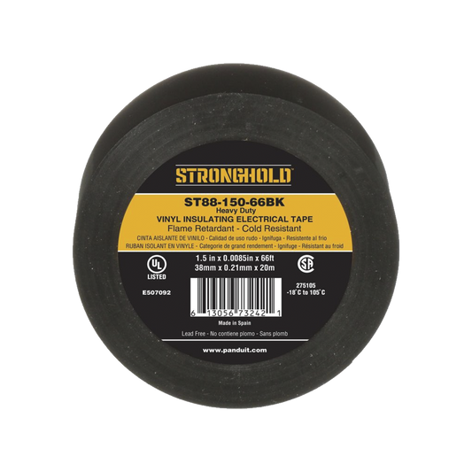 Cinta Eléctrica STRONGHOLD para Aislar, de PVC, Trabajo Pesado, Grosor de 0.21 mm (8.5 mil), Ancho de 38 mm, y 20 m de Largo, Uso Interior/Exterior, Color Negro